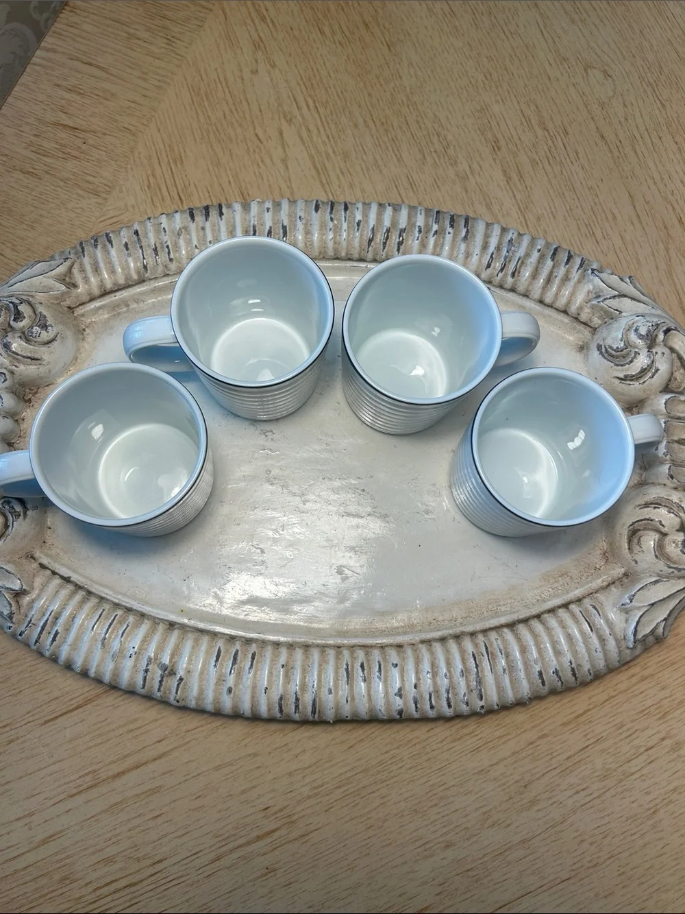 Crate&Barrel White Ceramic Mugs with Navy Rim - Set of 4